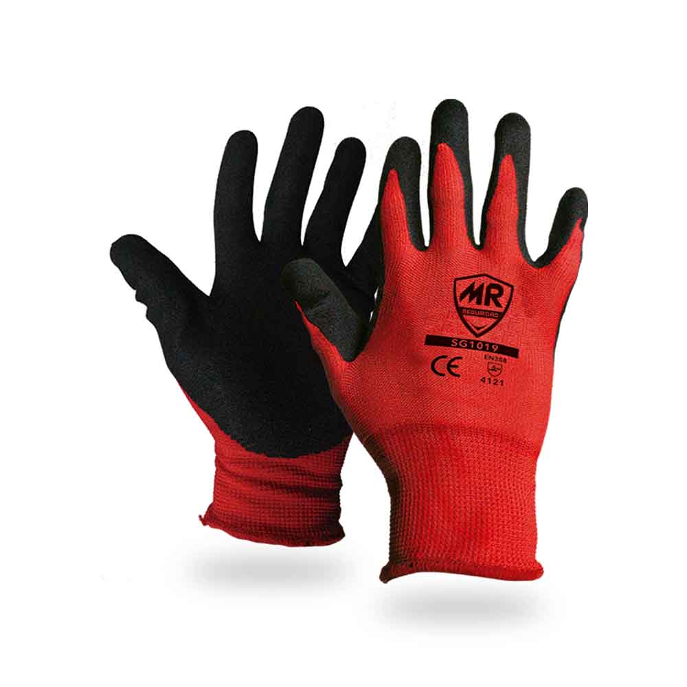 Guante de Nylon Rojo con Palma Nitrilo Arenoso SG1018 MR