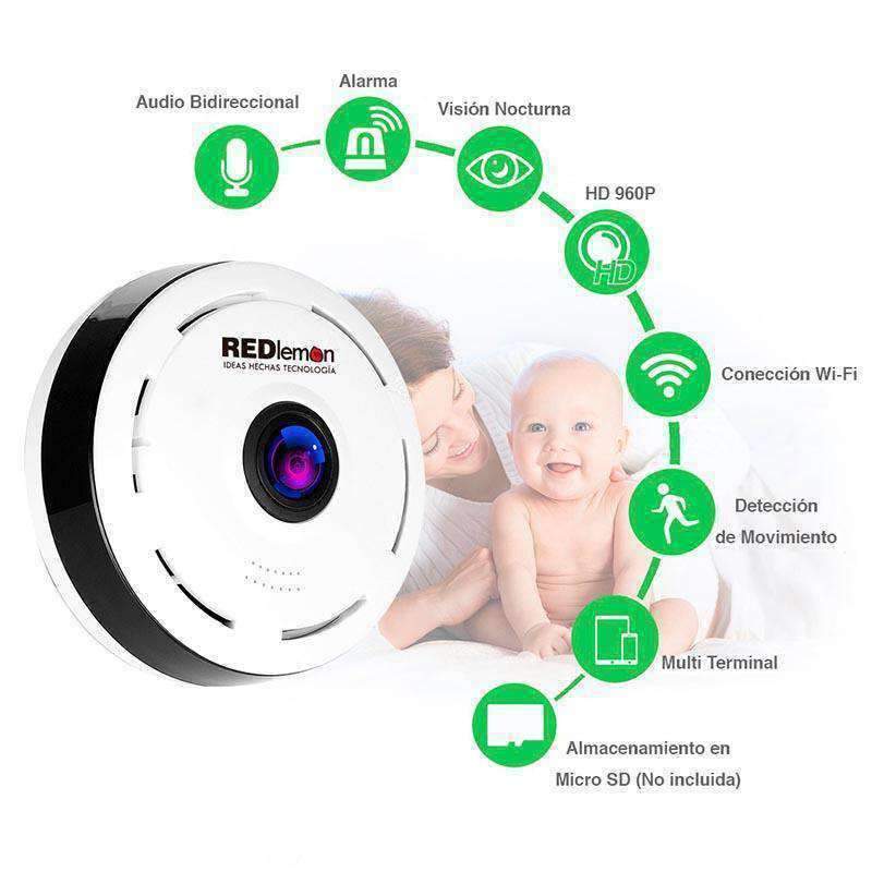 Cámara de Seguridad WiFi HD 360°, Visión Nocturna, Compatible con IOS Y Android Red Lemon