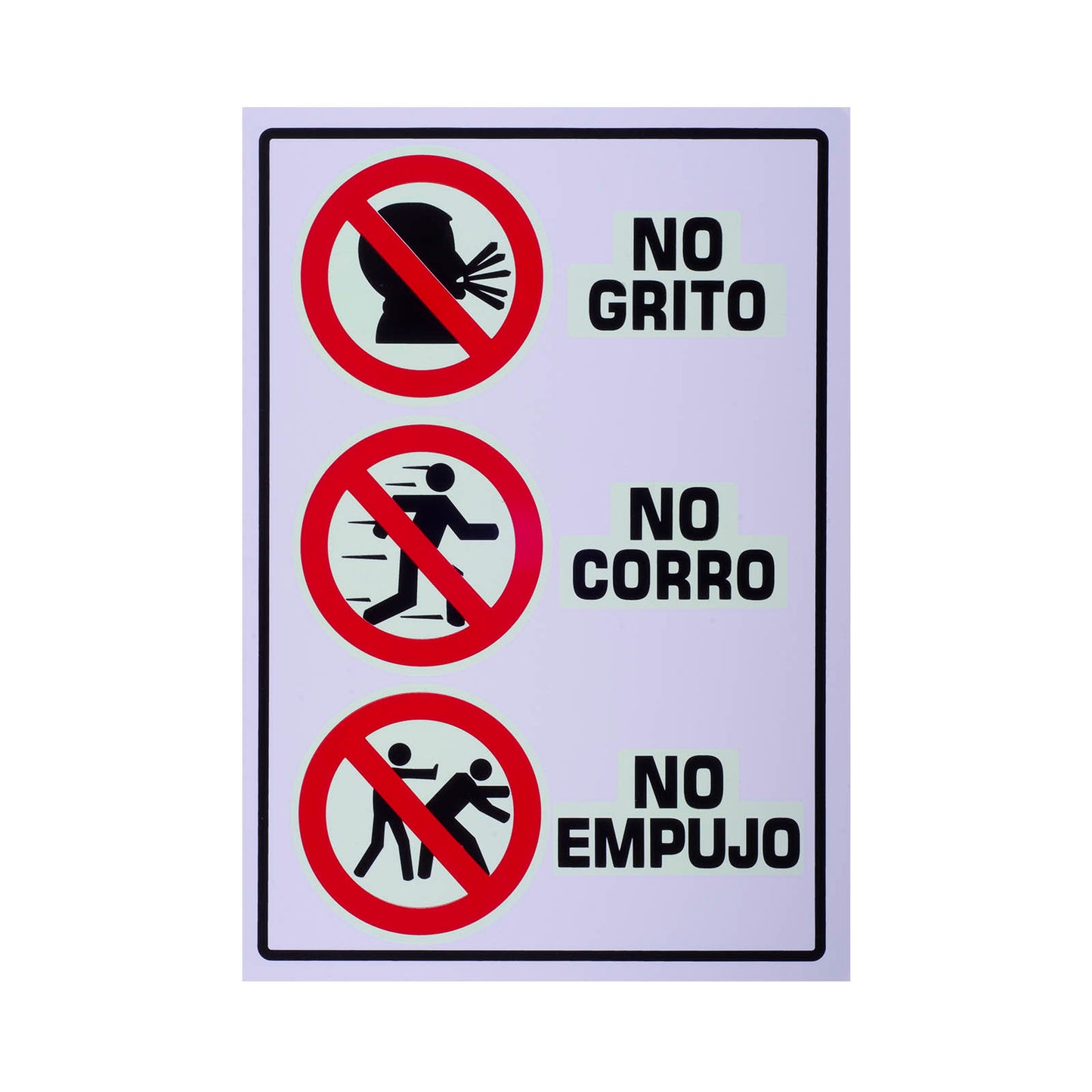 Señalamiento Estireno Fotoluminiscente No Grito, No Corro, No Empujo (35 x 50)