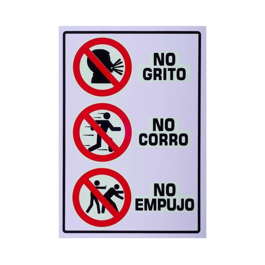 Señalamiento Estireno Fotoluminiscente No Grito, No Corro, No Empujo (35 x 50)
