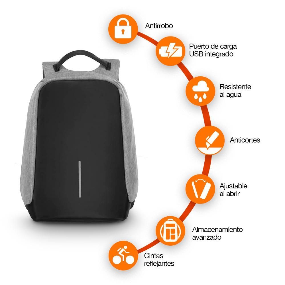 Mochila Antirrobo Impermeable, con Puerto USB Para Power Bank y Cierre de Protección Red Lemon
