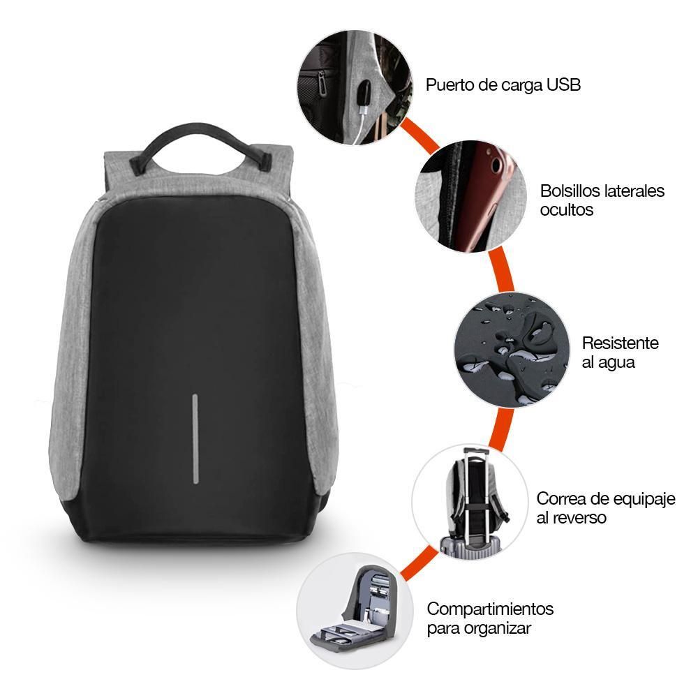 Mochila Antirrobo Impermeable, con Puerto USB Para Power Bank y